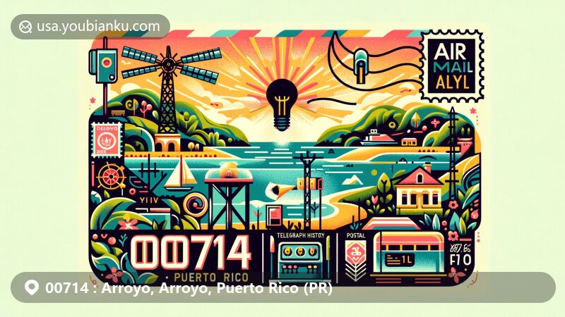 Modern illustration of Arroyo, Puerto Rico, showcasing postal theme with ZIP code 00714, featuring Caribbean Sea, lush greenery, and historical telegraph elements related to Samuel Morse.