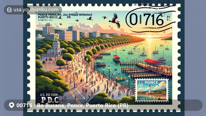 Modern illustration of Bo Bucana area in Ponce, Puerto Rico, showcasing postal theme with ZIP code 00716, featuring Parque Familiar Julio Enrique Monagas and La Guancha boardwalk by the Caribbean Sea.
