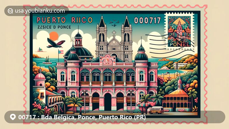 Modern illustration of Ponce, Puerto Rico, showcasing Creole architecture including Casa Wiechers-Villaronga, Gothic-style Catedral de Nuestra Señora de Guadalupe, and historic Parque de Bombas, highlighting the Museo de Arte de Ponce and Guánica's natural beauty.