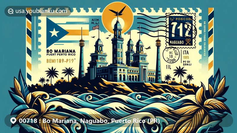 Modern illustration of Bo Mariana, Naguabo, Puerto Rico, featuring blue sky and sea representing the city's coat of arms, gold palms symbolizing plantations, and a gold three-tower crown as a city emblem, along with postal elements like vintage postcards and zipcode 00718.