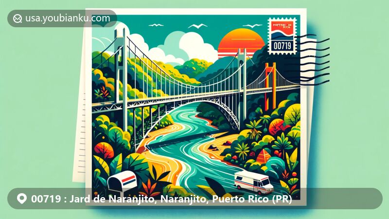 Colorful illustration of Naranjito, Puerto Rico, featuring Jesús Izcoa Moure Bridge and lush natural scenery, with postal elements like stamp and postmark with ZIP code 00719, depicting the town's cultural and postal identity.