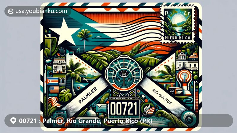 Modern illustration of ZIP Code 00721, showcasing a decorative airmail envelope with US postage stamp featuring El Yunque National Forest, Puerto Rico. Includes Puerto Rican map, flag, palm trees, beaches, and local architecture.