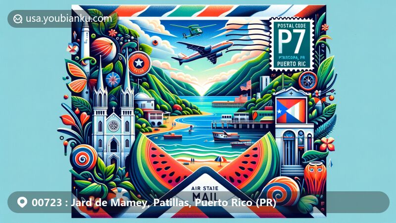 Creative illustration of Jard de Mamey, Patillas, Puerto Rico (PR), representing postal theme with ZIP code 00723, showcasing scenic beauty and cultural symbols of the region.