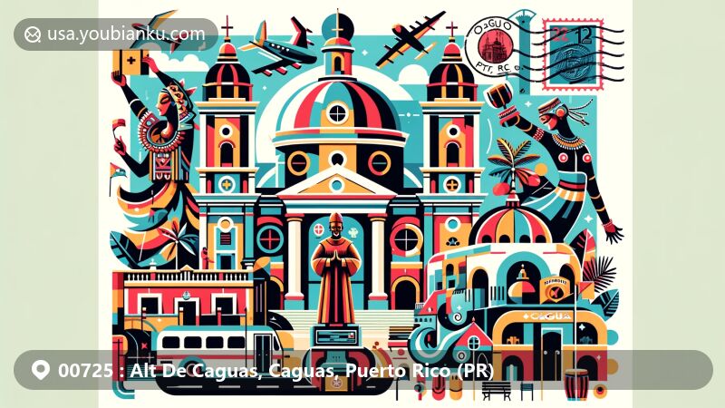 Modern illustration of Caguas, Puerto Rico, highlighting San Juan de la Cruz Church, Taino, African, and European Heritage Monuments, vibrant nightlife, and diverse gastronomy, featuring postcard design with ZIP code 00725, stamp, postmark, mailbox, and postal van.