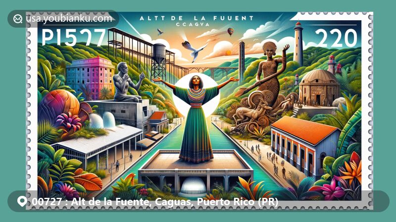 Modern illustration of Alt de la Fuente, Caguas, Puerto Rico, featuring postal theme with ZIP code 00727, showcasing Botanical and Cultural Garden, Taino and African heritage monuments, and colorful Puerto Rican cultural elements.