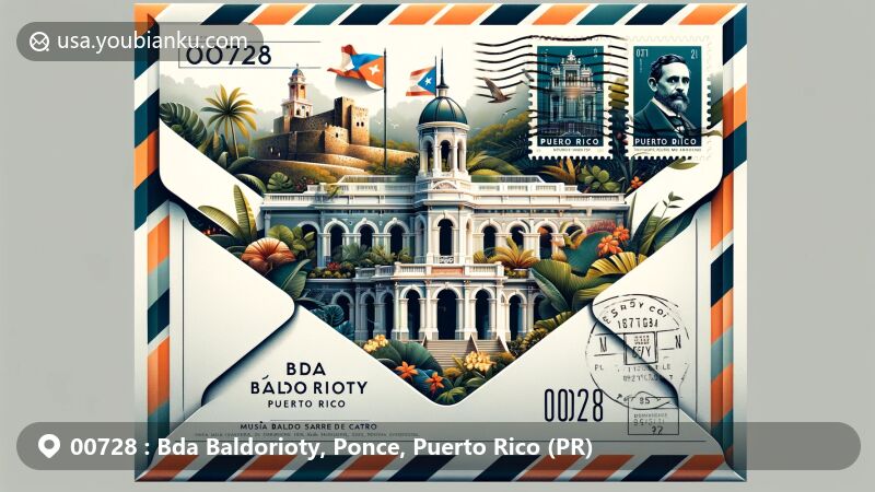 Modern illustration of Bda Baldorioty area in Ponce, Puerto Rico, featuring Museo Castillo Serrallés, Román Baldorioty de Castro, and Puerto Rican flag stamp with ZIP code 00728.