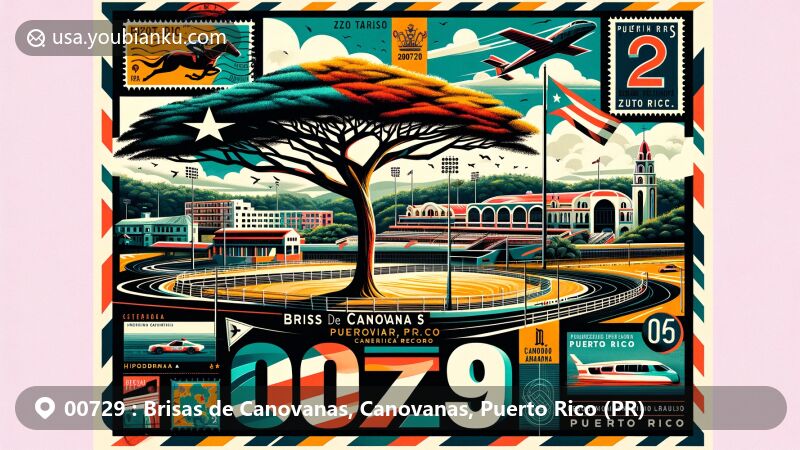 Modern illustration of Brisas de Canovanas, Canovanas, Puerto Rico, highlighting ZIP code 00729 with Hipódromo Camarero racetrack, Ceiba tree, Spanish-style plaza, Roman Catholic church, and Puerto Rico flag.