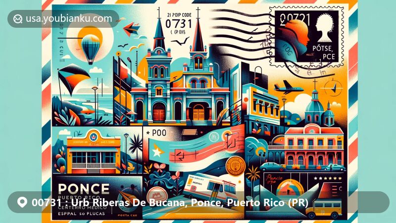Vibrant illustration of Urb Riberas De Bucana, Ponce, Puerto Rico (PR), featuring key landmarks like Centro Médico Episcopal San Lucas, Museo Francisco 'Pancho' Coimbre, and Museo de Arte de Ponce, blended with vintage air mail envelope design.