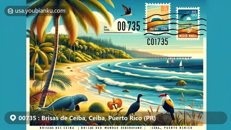 Vibrant illustration of Brisas de Ceiba, Ceiba, Puerto Rico, highlighting postal theme with ZIP code 00735, featuring picturesque beach scene, mangrove forest, wildlife like West Indian manatee and yellow-shouldered blackbird.