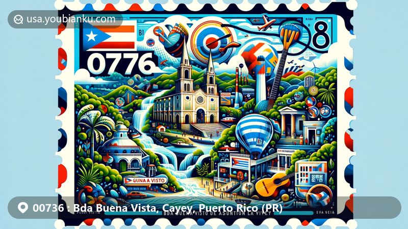 Modern illustration of Bda Buena Vista, Cayey, Puerto Rico, showcasing Carite State Forest, Ruta de Lechón, Parroquia Nuestra Señora de la Asunción church, Historical House of Music, and Buena Vista Estate.