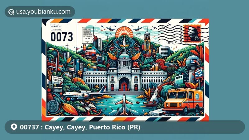 Modern illustration of Cayey, Puerto Rico, showcasing Carite Forest Reserve, iconic landmarks, and Puerto Rican cultural symbols, with postal elements like stamp, postmark '00737,' and postal truck.