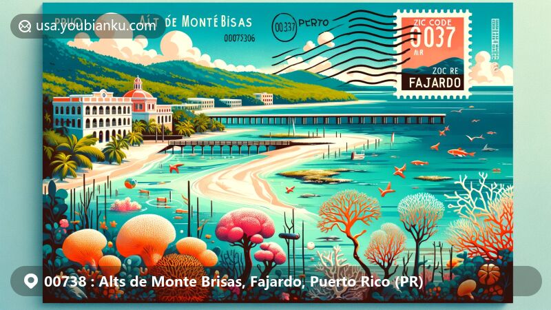 Modern illustration of Alts de Monte Brisas, Fajardo, Puerto Rico (PR), highlighting beautiful beaches, coral reefs, lagoons, and mangrove groves of La Cabezas de San Juan natural area, with postal elements like stamp, postmark, and air mail envelope featuring ZIP code 00738.
