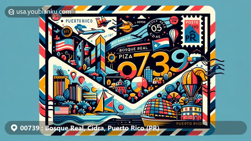 Vibrant illustration of Bosque Real, Cidra, Puerto Rico, featuring Puerto Rican map with emphasis on Cidra, local cultural symbols, and postal elements like stamps and airmail border, showcasing ZIP code 00739.