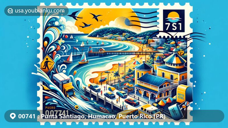 Modern illustration of Punta Santiago, Humacao, Puerto Rico, showcasing postal theme with ZIP code 00741, highlighting fishing village, nature reserve, beaches, and cultural festival elements.