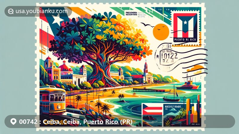 Modern illustration of Ceiba, Puerto Rico, featuring iconic Ceiba tree, Medio Mundo and Daguao Natural Reserve, downtown Ceiba Pueblo, and Roosevelt Roads Naval Station, with postal elements like stamp, postal mark, and ZIP code 00742.
