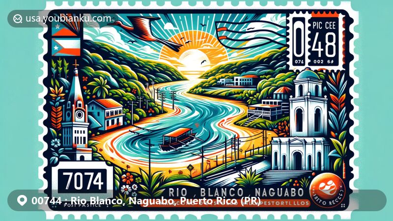 Modern illustration of Rio Blanco, Naguabo, Puerto Rico, showcasing postal theme with ZIP code 00744, featuring Rio Blanco river, El Malecón de Naguabo, Castillo Villa del Mar, Puerto Rican turnovers, and dynamic community life.
