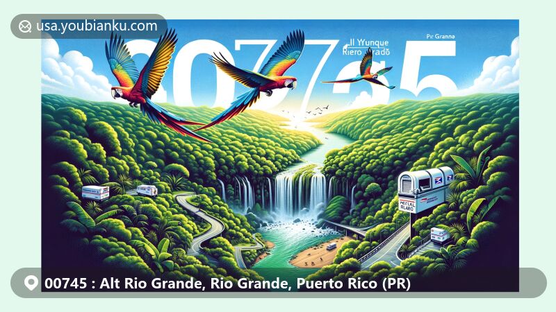 Modern illustration of Alt Rio Grande, Rio Grande, Puerto Rico with lush greenery, waterfalls, El Yunque and El Toro mountains, Puerto Rican parrots, and Espíritu Santo river. Postal theme includes air mail envelope, ZIP code 00745, postage stamp, and postal mark.