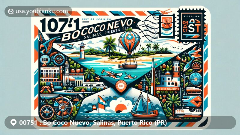 Modern illustration of Bo Coco Nuevo, Salinas, Puerto Rico, featuring ZIP code 00751 on an airmail envelope with local symbols like beaches, mangroves, 'mojo isleño' cuisine, and fishing elements.