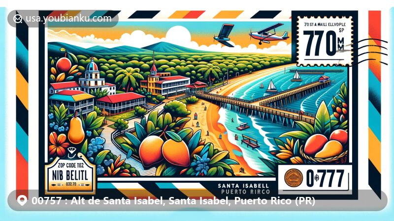 Modern illustration of Santa Isabel, Puerto Rico, depicting Aguirre Forest, seaside boardwalk, and tropical fruits like mangoes, along with postal elements such as stamps, postmark, and ZIP code 00757.