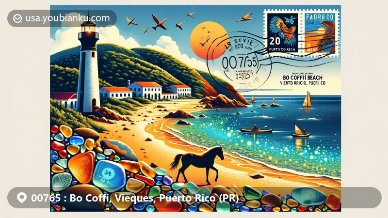 Modern illustration of Bo Coffi, Vieques, Puerto Rico, depicting Cofi Beach with colorful sea glass, Mosquito Bay's bioluminescence, wild horses, and postal symbol, highlighting the essence of the island and its postal significance.
