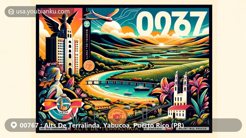 Colorful illustration of Yabucoa, Puerto Rico, showcasing ZIP code 00767, featuring iconic landmarks like Guayanés, Lucía, and El Cocal beaches, Hacienda Santa Lucía ruins, and lush green landscapes, incorporating local heritage symbols and a postal theme with stylized stamp and airmail envelope border.