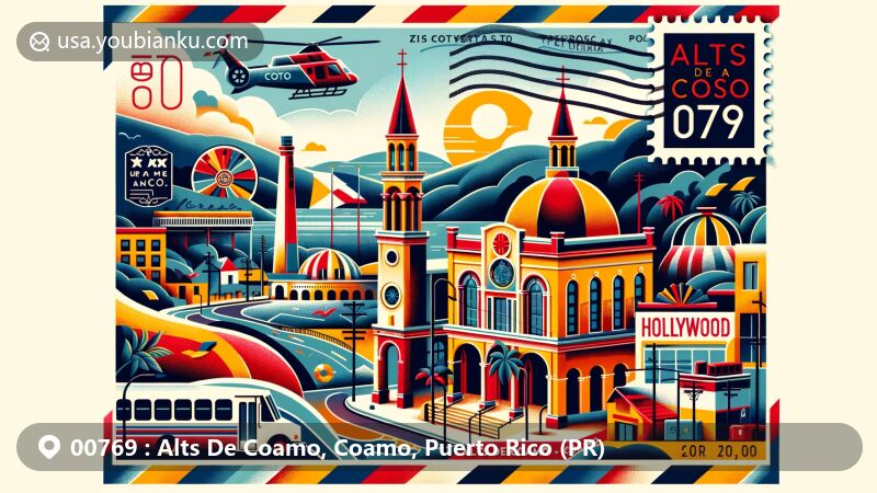 Modern illustration of Alts De Coamo, Coamo, Puerto Rico, capturing the essence of ZIP code 00769 with Coamo Hot Springs, Hollywood Theater, and San Blas de Illescas Catholic Church, integrating town colors and postal motifs.