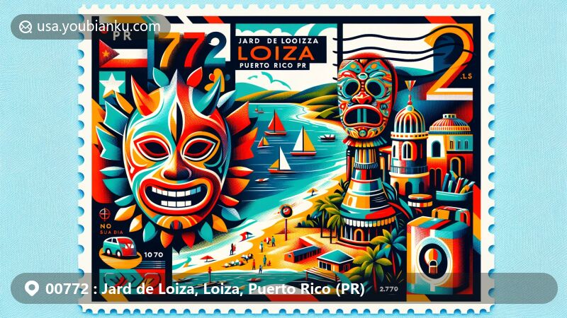 Modern illustration of Jard de Loiza, Loíza, Puerto Rico, featuring traditional vejigante masks, colorful Piñones scenery, and postal elements highlighting ZIP code 00772.