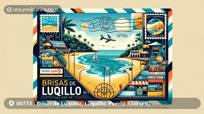Modern illustration of Brisas de Luquillo, Luquillo, Puerto Rico (PR), showcasing postal theme with ZIP code 00773, featuring golden beaches, blue waves of the Atlantic Ocean, Balneario La Monserrate beach, El Yunque National Forest, and vibrant Luquillo Kiosks.
