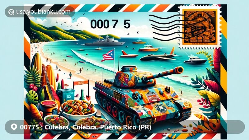 Vivid illustration of Culebra, Puerto Rico, capturing iconic Flamenco Beach with white sands and turquoise waters, Puerto Rican food, surfboard, and historical military tanks, surrounded by local marine life and postal elements like ZIP code 00775.