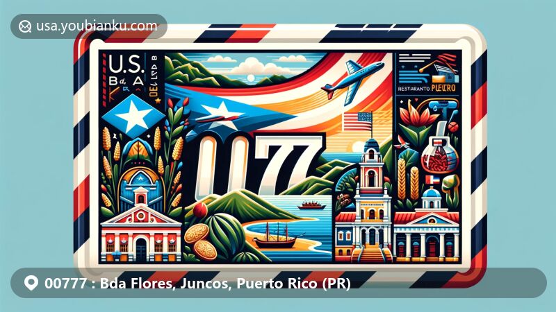 Modern illustration of Bda Flores, Juncos, Puerto Rico, highlighting cultural identity with Puerto Rican flag, showcasing landmarks like Juncos Historical Museum, Roman Catholic church, and colonial-style library, depicting elements of Juncos flag and coat of arms.