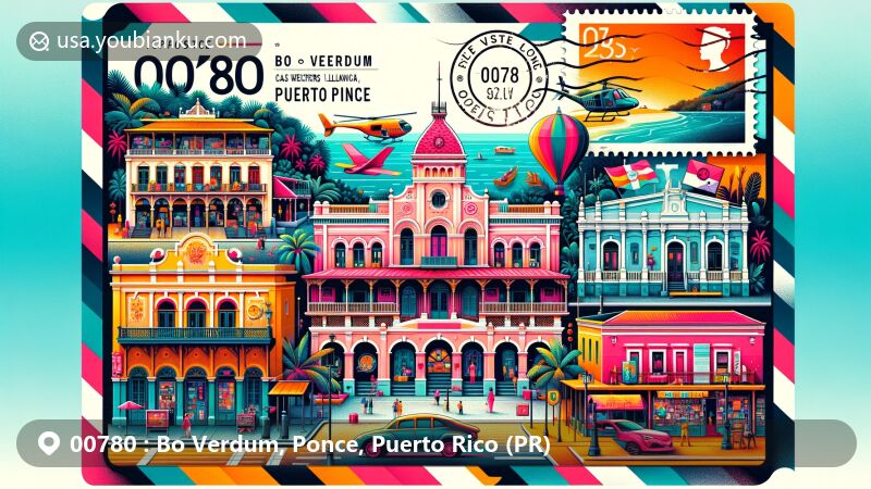 Modern illustration of Bo Verdum, Ponce, Puerto Rico, featuring iconic landmarks like Casa Weichers-Villaronga in Creole architecture, Museo de Arte de Ponce, La Guancha seafront boardwalk, Plaza Las Delicias, and postal elements with ZIP code 00780.
