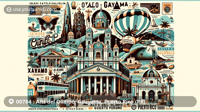 Modern illustration of Alts del Olimpo, Guayama, Puerto Rico, showcasing cultural landmarks like Iglesia Católica San Antonio de Padua, Casa Cautiño and Antiguo Teatro Campoamor, along with natural beauty of Aguirre and Carite forests, Jájome and Cayey mountains, Jobos Bay National Estuarine Research Reserve. Features cultural events like Guayama Carnival, Sweet Dreams Fair, famous pastelillos from Coastal Gastronomy Trail, and symbols of Puerto Rico including state flag and emblem. Artwork in contemporary style integrating postal elements like stamps, postmarks and ZIP Code 00784.