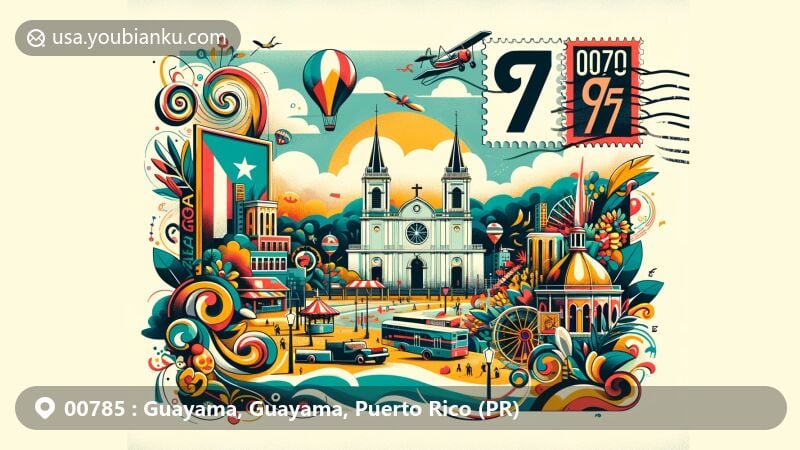 Vibrant illustration of Guayama, Puerto Rico, depicting iconic landmarks like Guayama Town Plaza and Iglesia Católica San Antonio de Padua, showcasing local festivals, Aguirre State Forest, and Carite Lake, in a postcard format with '00785' ZIP code.