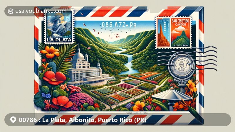Modern illustration of La Plata, Aibonito, Puerto Rico showcasing vibrant gardens, scenic views of Mirador La Plata, San Cristóbal Canyon, and postal elements with vintage stamps and airmail envelope.