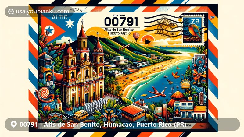 Modern illustration of Alts de San Benito, Humacao, Puerto Rico (PR), representing ZIP code 00791, featuring a creatively designed airmail envelope capturing the essence of postal communication, with vibrant collage of local landmarks and cultural symbols including Concatedral Dulce Nombre de Jesús, Palmas del Mar resort, and Eastern Coastal Plains.