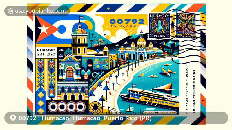 Vivid illustration of Humacao, Puerto Rico, showcasing Casa Roig Museum, Punta Santiago Beach, and Patron Saint Festival, incorporating Taíno symbols, with a colorful postcard and airmail envelope featuring ZIP Code 00792.