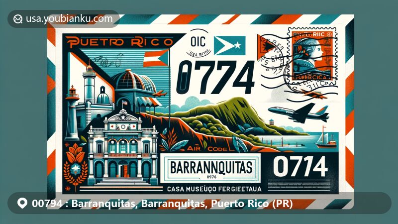 Modern illustration of Barranquitas, Puerto Rico, showcasing vintage air mail envelope design with ZIP code 00794 and stylized map outline, featuring San Cristobal Canyon and Casa Museo Federico Degetau.