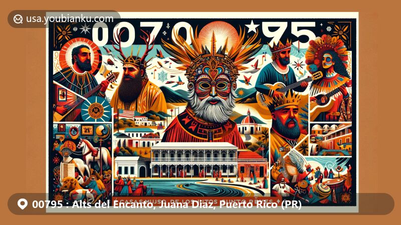 Modern illustration of Alts del Encanto, Juana Diaz, Puerto Rico, depicting Three Kings Festival with actors in colorful ancient robes, Casa Museo de Los Santos Reyes museum, symbolic sun with district rays, Doña Juana Díaz, Chief Jacaquax, harp, pen, and Collores waterfall, in a wide-format postcard style emphasizing ZIP code 00795.