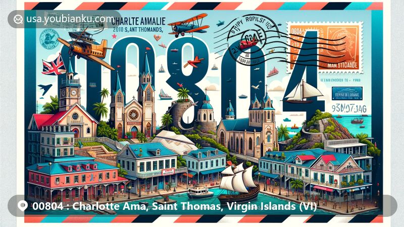 Modern illustration of Charlotte Amalie, Saint Thomas, Virgin Islands, showcasing postal theme with ZIP code 00804, featuring key landmarks like St. Thomas Synagogue, Blackbeard's Castle, 99 Steps, and more, integrated into an airmail envelope design.