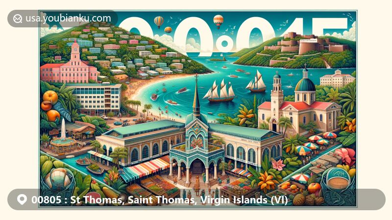 Modern illustration capturing the essence of St Thomas, Saint Thomas, Virgin Islands with Bluebeard's Castle, Market Square, historic Post Office Building, St Peter and Paul Cathedral, and Mermaid's Chair beach. Incorporates postal theme with '00805' ZIP Code and local postal elements.