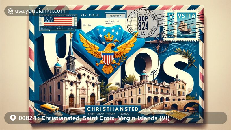 Modern illustration of Christiansted, Saint Croix, U.S. Virgin Islands, representing ZIP code 00824, featuring Christiansted National Historic Site, U.S. Virgin Islands flag, postal elements, and colonial architecture.