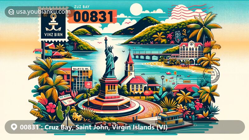 Vivid postcard-style illustration of Cruz Bay, Saint John, Virgin Islands, featuring Freedom Statue, Bajo El Sol Gallery, and natural beauty of Virgin Islands National Park, with tropical vegetation and clear blue waters, highlighting postal theme with ZIP code 00831.