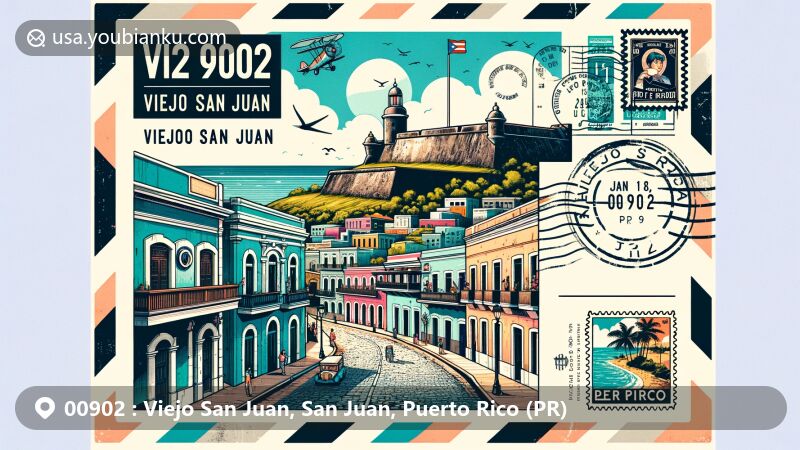Modern illustration of Viejo San Juan, San Juan, Puerto Rico (PR), featuring El Morro fortress, colorful streets of Old San Juan, vintage postal elements, and postal theme with ZIP code 00902.