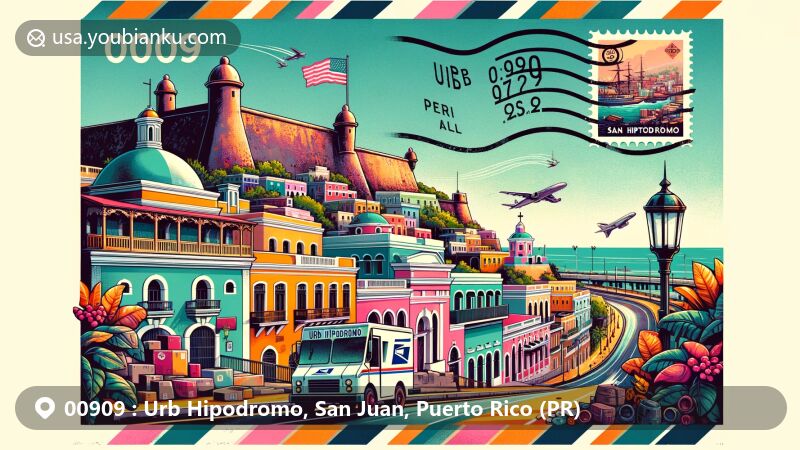 Modern illustration of Urb Hipodromo, San Juan, Puerto Rico, showcasing postal theme with ZIP code 00909, featuring iconic landmarks like El Morro, San Cristobal, Capilla del Cristo, and colorful colonial architecture of Old San Juan.
