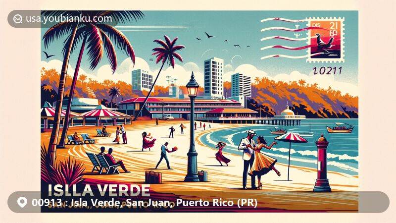 Modern illustration of Isla Verde, San Juan, Puerto Rico, showcasing vibrant nightlife with salsa dancing at La Placita de Santurce, featuring La Mina Falls in El Yunque rainforest and postal theme with '00913' ZIP code.
