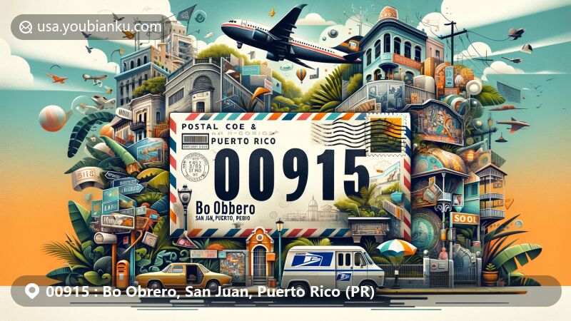 Modern illustration of ZIP Code 00915 in Bo Obrero, San Juan, Puerto Rico, featuring a stylized airmail envelope with postal theme, iconic landmarks, and cultural elements.