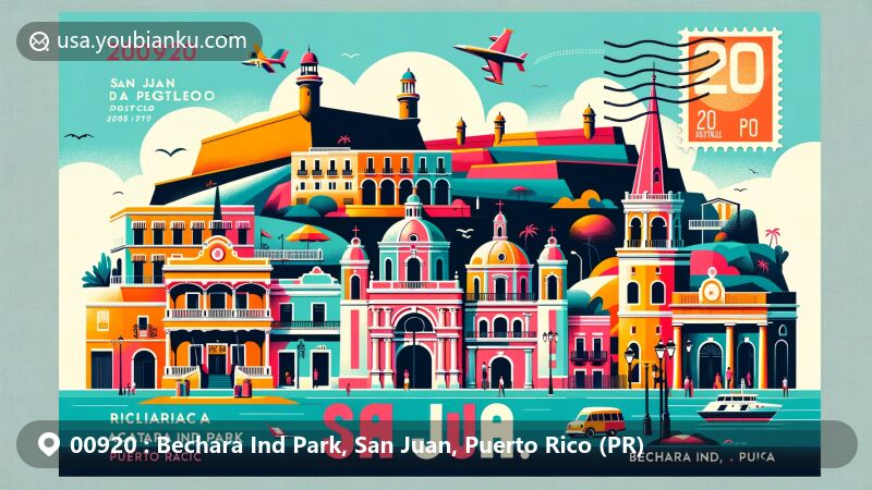 Modern illustration of Bechara Ind Park, San Juan, Puerto Rico, showcasing Castillo San Cristóbal, El Morro, Capilla del Cristo, Santa María Magdalena de Pazzis Cemetery, and colonial architecture of Old San Juan, with postal theme featuring ZIP code 00920.