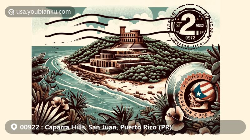 Modern illustration of Caparra Hills, San Juan, Puerto Rico, featuring the archaeological site, lush tropical vegetation, and a detailed stamp integrating the Puerto Rican flag and state outline, with a postal mark displaying ZIP code 00922.