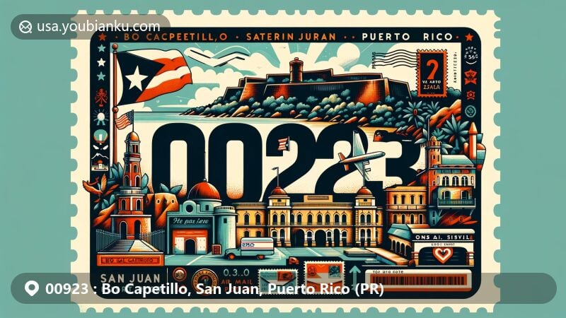 Vibrant illustration of Bo Capetillo, San Juan, Puerto Rico, featuring iconic landmarks like Castillo San Felipe del Morro and Castillo San Cristóbal, along with cultural elements like the Puerto Rican flag and Old San Juan Gate.
