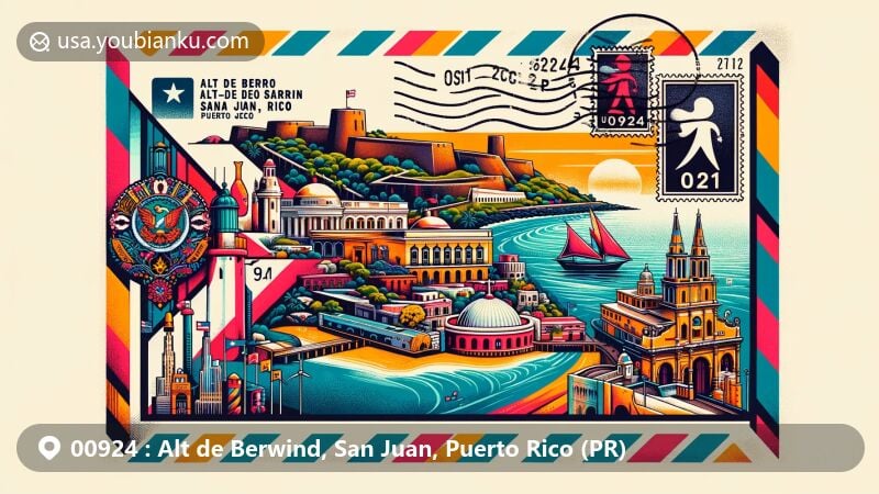 Vintage-style illustration of Alt de Berwind, San Juan, Puerto Rico featuring key landmarks and cultural elements with vibrant postal theme for ZIP code 00924.
